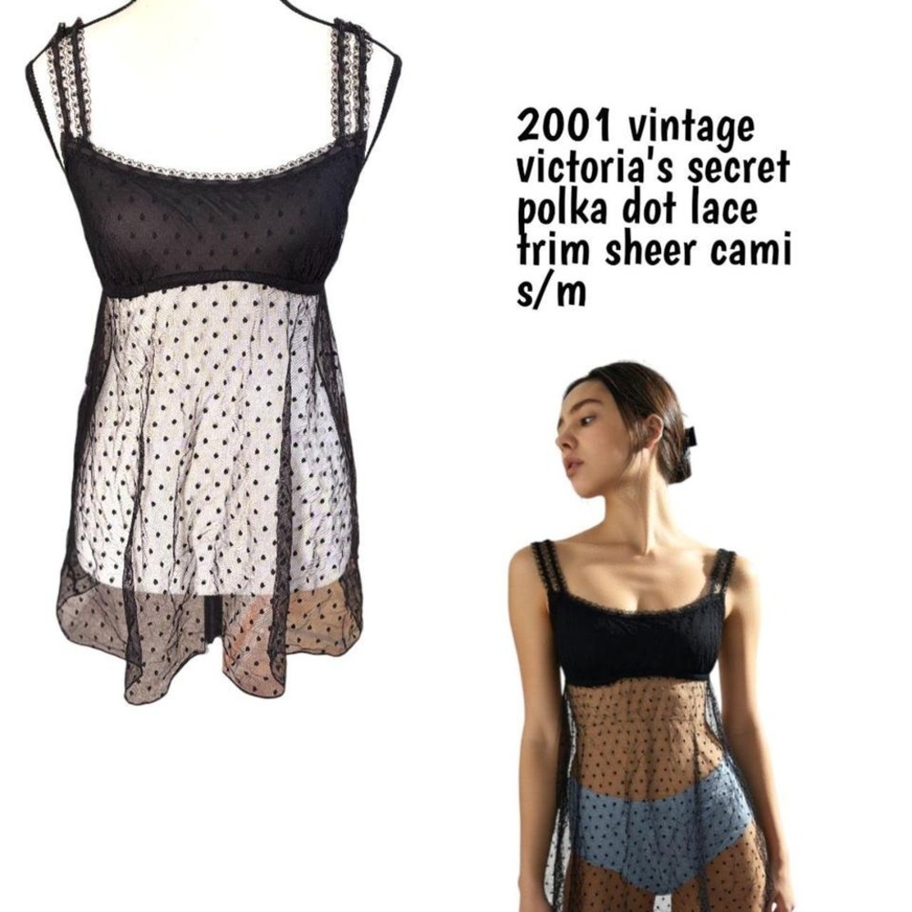 2001 vintage victoria's secret black lace polka dot sheer cami tank s/m‎